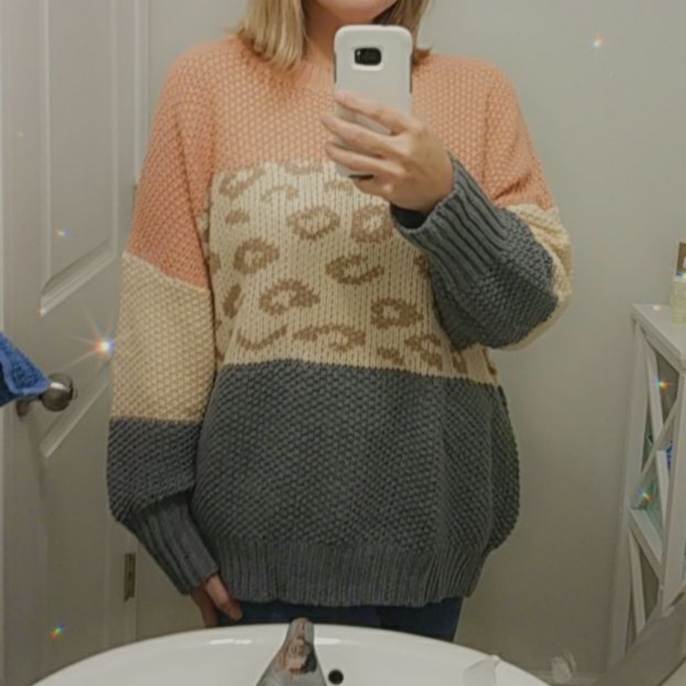 Gigio boutique leopard colorblock sweater pink cream taupe gray oversized cuteee